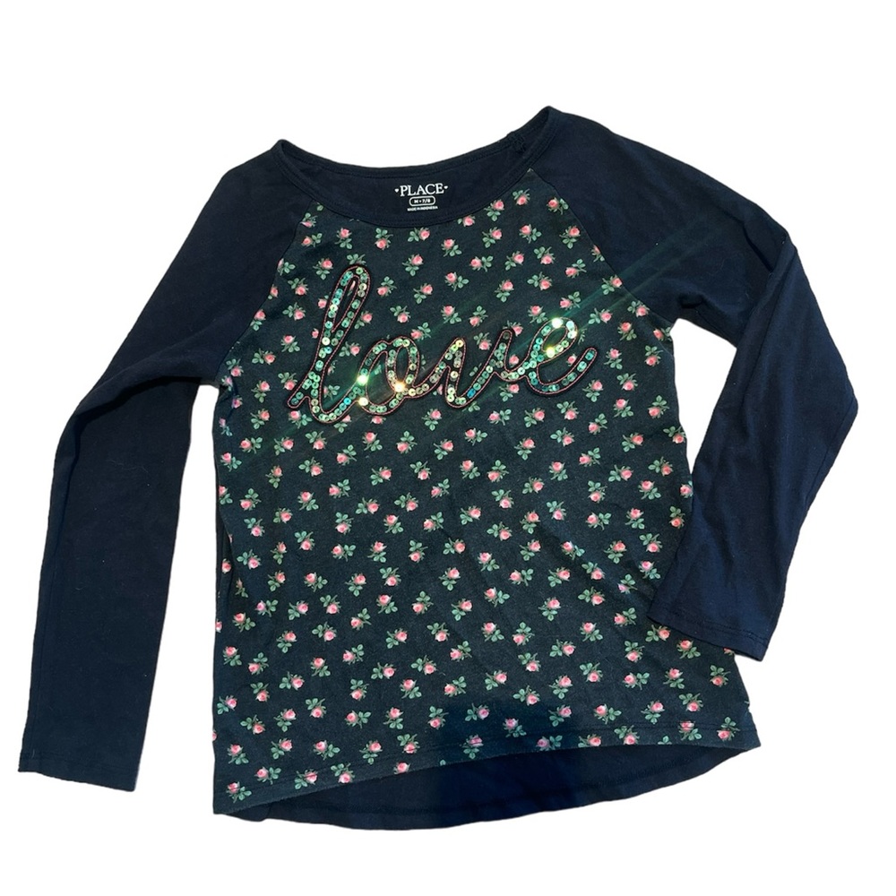 Children’s Place- Girls Blacks Long sleeve shirt, Rose Pattern, Size 7/8